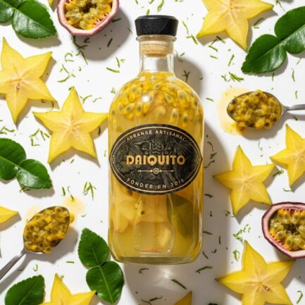 rhum arrangé à base fruit de la passion et carambole et combava et feuille kaffir